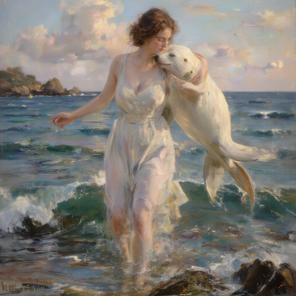 An impressionist-style oil painting illustrating the Sabian Symbol for Aries 1 degree: "A woman rising from the sea, embraced by a white seal." The scene is bathed in soft, shifting light, characteristic of the impressionist movement. The woman emerges gracefully from the gentle waves, her simple, wet dress clinging to her body and shimmering in the light. The folds of the fabric reflect the water, creating a sense of fluidity and movement. The white seal rises beside her, its smooth, glistening fur embracing her with tenderness. The brushstrokes should be loose and expressive, capturing the moment’s energy and the interplay of light on the water and her wet dress. The background features a dynamic seascape, with soft, blurred colors blending in the style of Impressionism—flickers of pastel hues for the sky, the water, and the surrounding nature. The atmosphere should evoke a sense of renewal, connection, and harmony, with dappled sunlight filtering through the scene, creating a dreamlike quality. The overall composition should feel fleeting and alive, with the colors blending together in a harmonious, yet spontaneous way.