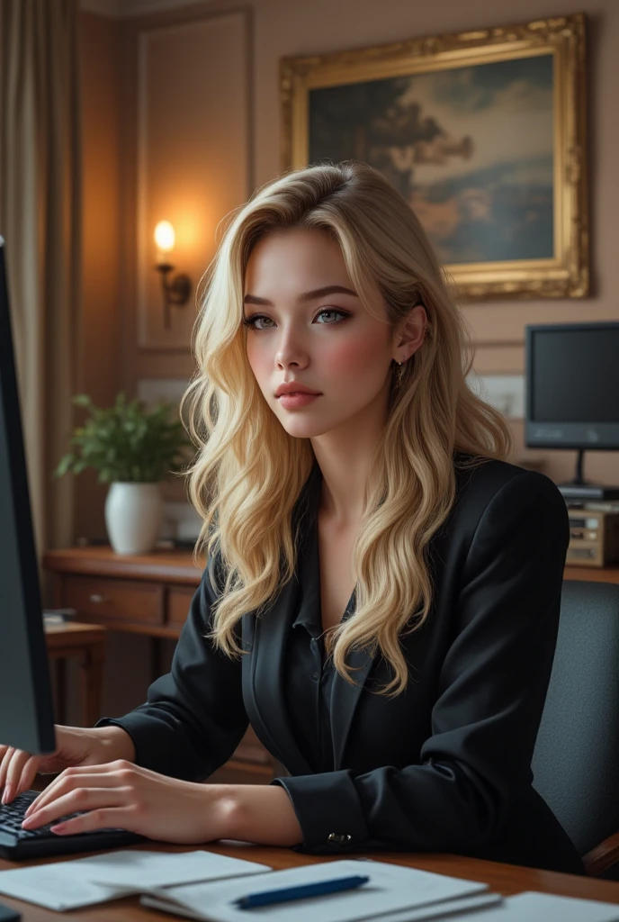 a beautiful girl with long blonde hair, detailed eyes, nose, and lips, wearing  professional outfit, siting in her office, using her computer, hp comuter (best quality,4k,8k,highres,masterpiece:1.2),ultra-detailed,(realistic,photorealistic,photo-realistic:1.37),HDR,studio lighting,extremely detailed face and body, portrait,cinematic lighting,dramatic lighting,warm color tones,dramatic colors