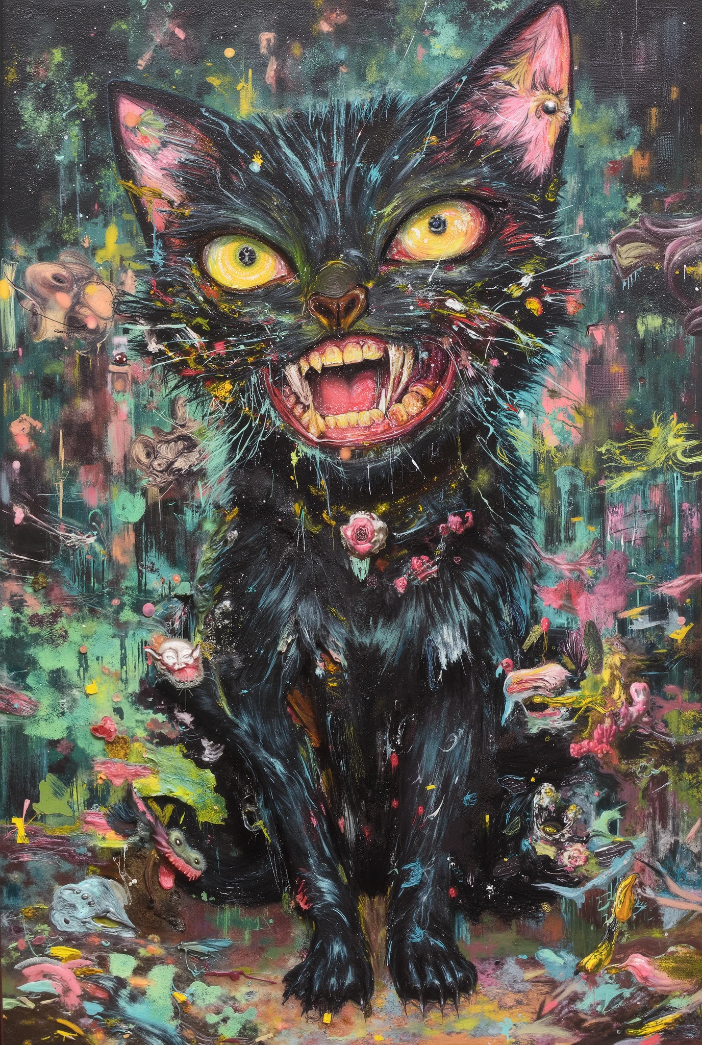 Create A neo- expressionist style painting of a highly stylized, cartoonish black cat with overexaggerated features and facial expression. The overall image has a thick, textured brushstroke style.