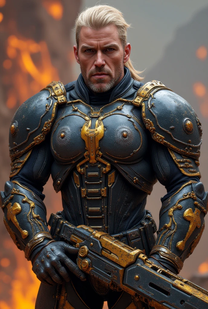 A 50-something male with golden hair with very light platinum highlights, very short on the sides but long on top like a bob. Striking purple eyes and a bold, manly smirk with his lips. He is dressed in a dark grey power armor adorned with gold accents and intricate detailing. The armor covers his entire torso, arms, and shoulders, featuring large, ornate shoulder pads and a detailed breastplate. The armor has a heavy, metallic carbon fiber quality to it. He holds a very thick and large bladed sword-like firearm, ornate and chained like edge detail. The background is a very hazy but detail-revealing impressionistic scene of orange sparks and flames, suggesting a fiery or volcanic environment. The style is hyper-realistic, with high level of detail in the character's armor and face. Focus on expressing a very strong, serious, and powerful male figure. Use rich, deep colors of gray, gold, and orange. Lighting should be dramatic and highlight the textures of the armor. Emphasis on the intricate details and designs of the armor and weapon.