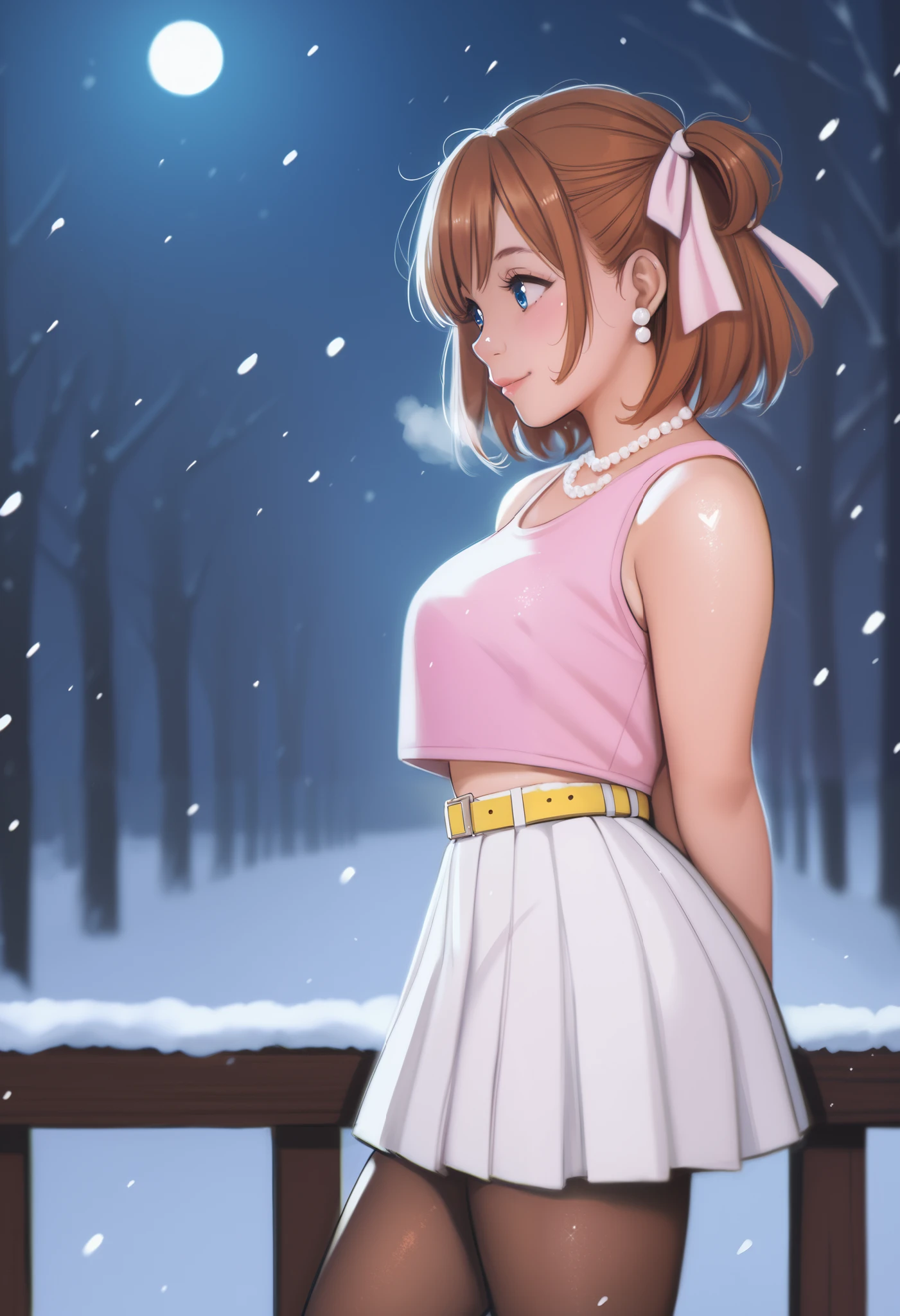 score_9, score_8_up, score_7_up, score_6_up,Shiny skin, kousaka honoka, blue eyes, beautiful, winter clothes, breathing, brown hair, night, snowing, cowboy shot,pink shirt,white open crop vest, arms behind back, Pearl necklace, earrings, white skirt, yellow belt, happy,hair ribbon,p4l0m4, breasts,thighs,web comic,hentai, thighs, closed mouth, pantyhose, from side