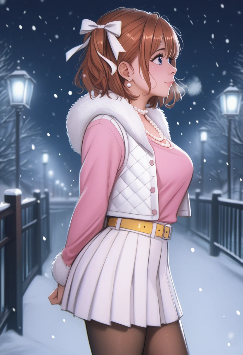 score_9, score_8_up, score_7_up, score_6_up,Shiny skin, kousaka honoka, blue eyes, beautiful, winter clothes, breathing, brown hair, night, snowing, cowboy shot,pink shirt,white open crop vest, arms behind back, Pearl necklace, earrings, white skirt, yellow belt, happy,hair ribbon,p4l0m4, breasts,thighs,web comic,hentai, thighs, closed mouth, pantyhose, from side