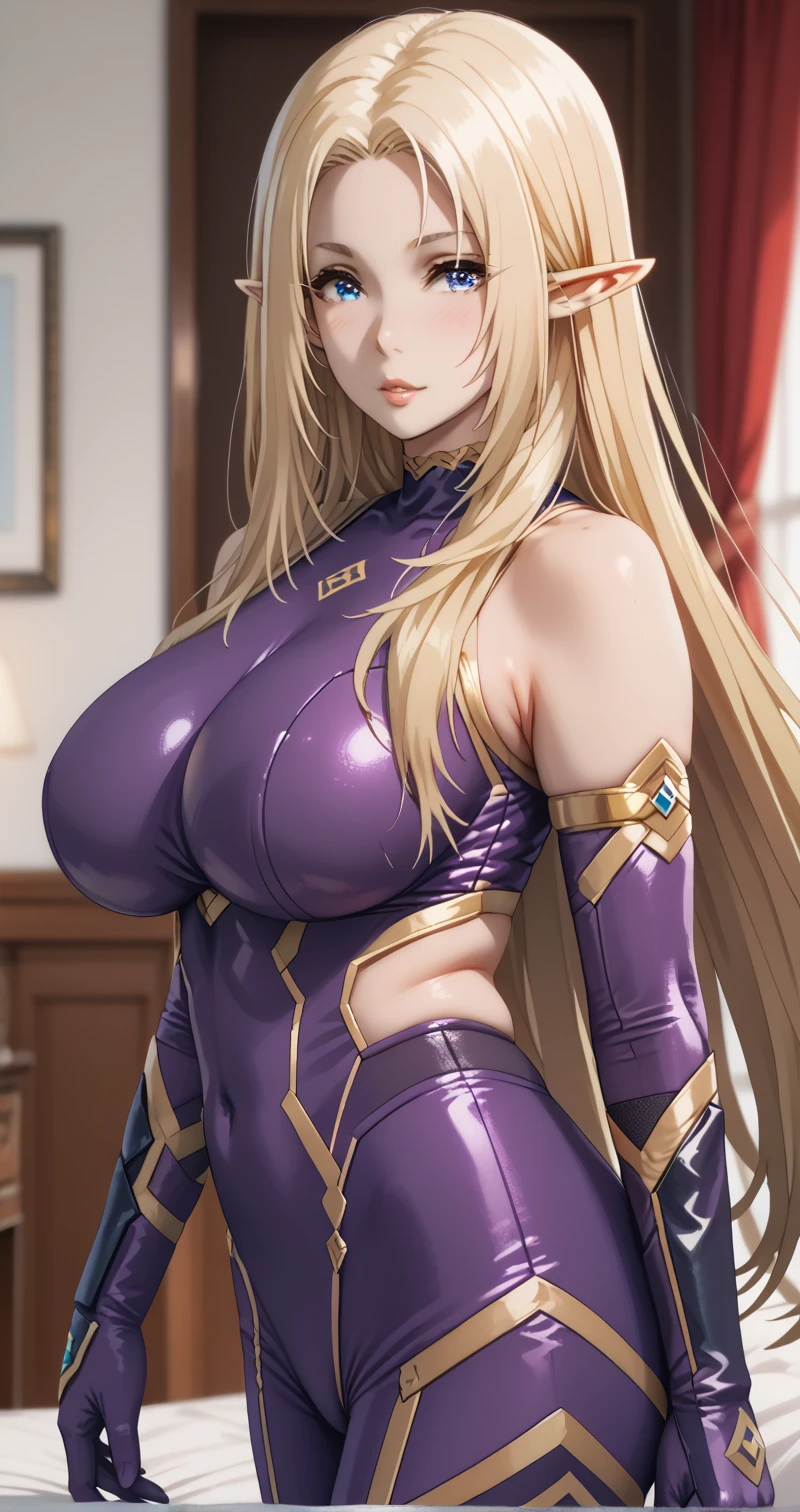  girl ,  fit girl,score_9, score_8_ up, score_7_ up, score_6_ up, uncensored1人の girl , alpha, Elf,  long hair,  blue eyes, Blonde,  pointed ears, huge breasts,  girl ,  fit girl, ( cowboy shot:1.2),(gap:1.2), Luani 0936 , Thai suit  ,Bare shoulders, Purple Bodysuit, elbow gloves,  sensual poses 