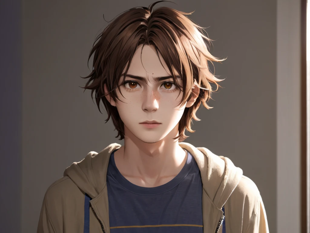 Daniel is a thin young man ,  with messy brown hair ,  wearing simple clothes and eyes marked by insomnia.