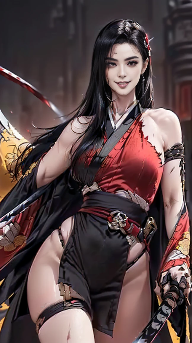 anime girl with long black hair and red dress holding a sword, holding a sword on her shoulder, she is holding a sword, she is holding a katana sword, female action anime girl, cushart krenz, tifa lockhart with white hair, with large sword, katanas strapped to her back, unsheathing her katana, commission for high res