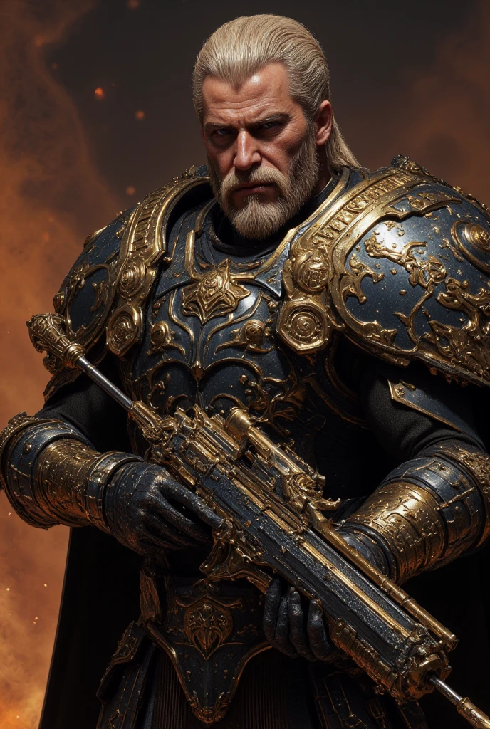 A 50-something male with golden hair with very light platinum highlights, very short on the sides but long on top like a bob. Striking purple eyes and a bold, manly smirk with his lips. He is dressed in a dark grey power armor adorned with gold accents and intricate detailing. The armor covers his entire torso, arms, and shoulders, featuring large, ornate shoulder pads and a detailed breastplate. The armor has a heavy, metallic carbon fiber quality to it. He holds a very thick and large bladed sword-like firearm, ornate and chained like edge detail. The background is a very hazy but detail-revealing impressionistic scene of orange sparks and flames, suggesting a fiery or volcanic environment. The style is hyper-realistic, with high level of detail in the character's armor and face. Focus on expressing a very strong, serious, and powerful male figure. Use rich, deep colors of gray, gold, and orange. Lighting should be dramatic and highlight the textures of the armor. Emphasis on the intricate details and designs of the armor and weapon.