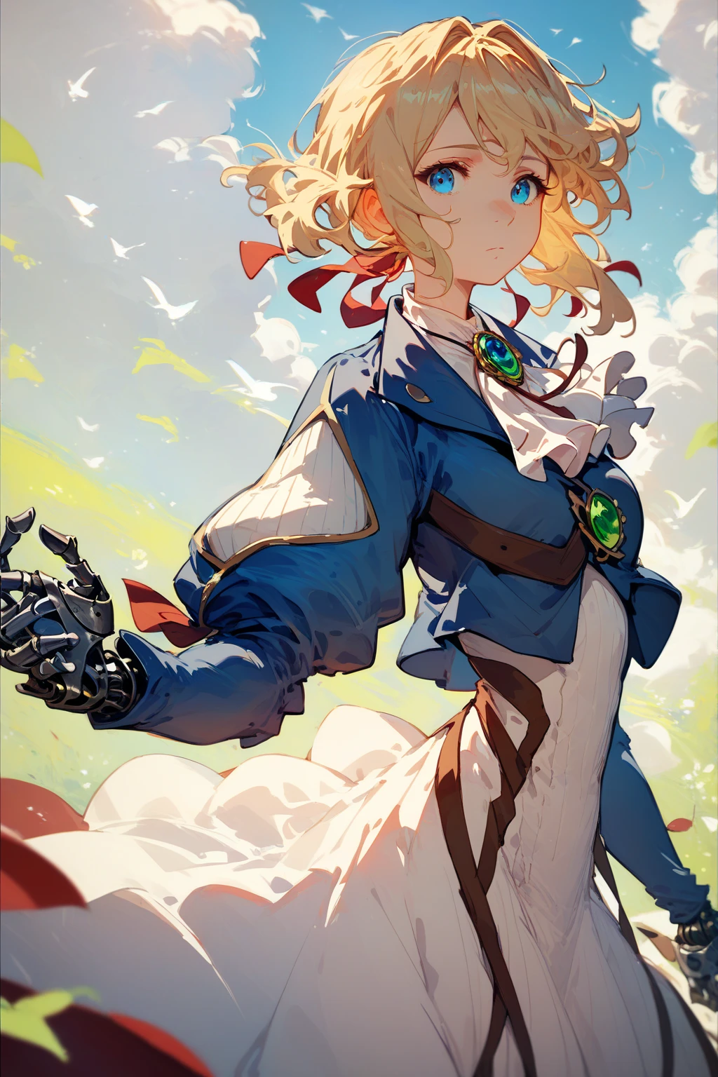 score_9, score_8_up, score_7_up, 1girl,purple Evergarden, blonde , hair,  red ribbon ,  blue eyes ,  medium chest, blue jacket,  cropped jacket , brooch,ascot ,puff sleeves,  dress , white  dress ,  brown gloves,  cowboy shot ,mechanical hands,  look at the viewer 