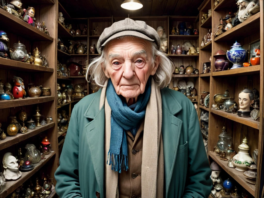 A cramped, dark antique store ,  with shelves full of strange and mysterious objects. an elderly man, with a wrinkled face and deep eyes ,  wearing a ragged old coat and scarf.