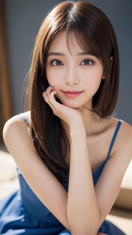 detailed eyes、slender body、body facing the viewer、(((high detal,high-detail、masterpiece,Attention to detail))),, Realistic Young Gravure Idol, Young Pretty Gravure Idol, ((wearing 黒 bra))、 , Beautiful girl ,,with a flushed face,,Beautiful woman natural light、,Semi-long,perm,Brown shiny hair,, まっすぐにstanding,cute smile, anatomically accurate body、太ももから上の写真、美しい形のバスト、引き締まったウエスト、