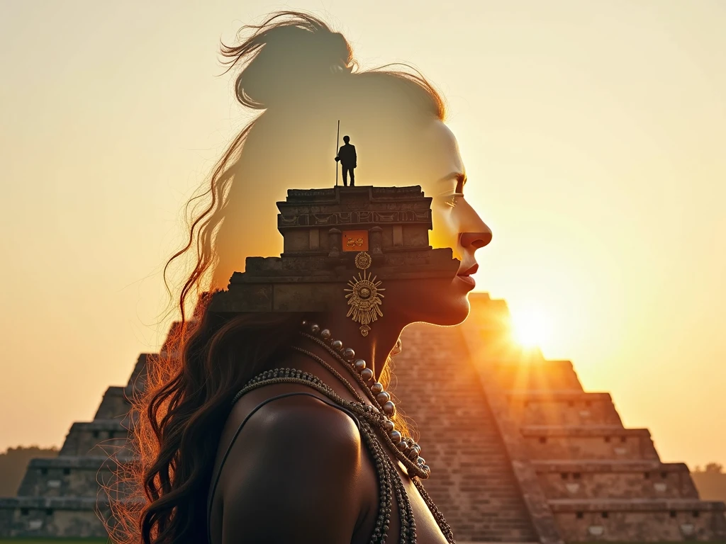 high quality, 8K Ultra HD, a beautiful double exposure combining the silhouette of a Mayan goddess with the Teotihuacan avenue at sunset, the sunset Teotihuacan should serve as the underlying background, with its details incorporated into the goddess, sharp lines, the background is monochrome, sharp focus, double exposure, by yukisakura, stunning in full color,