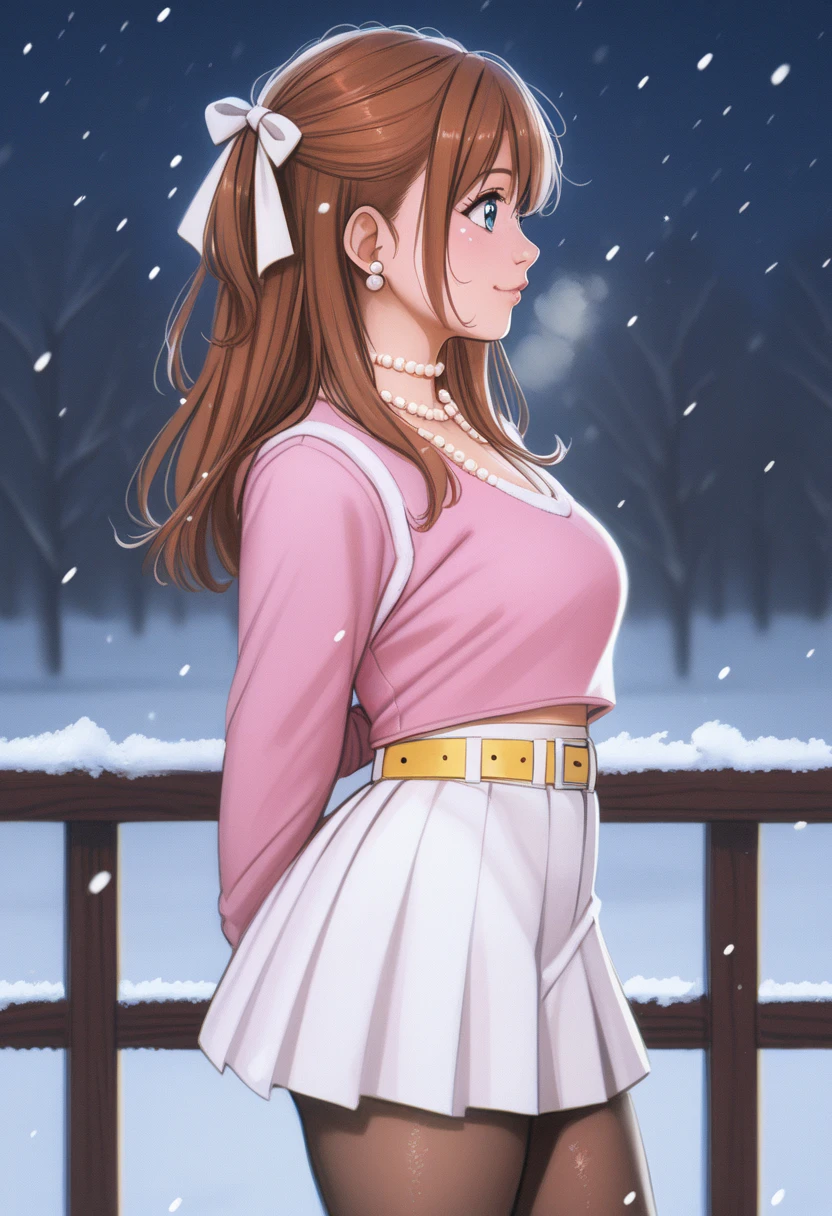 score_9, score_8_up, score_7_up, score_6_up,Shiny skin, kousaka honoka, blue eyes, beautiful, winter clothes, breathing, brown hair, night, snowing, cowboy shot,pink shirt,white open crop vest, arms behind back, Pearl necklace, earrings, white skirt, yellow belt, happy,hair ribbon,p4l0m4, breasts,thighs,web comic,hentai, thighs, closed mouth, pantyhose, from side