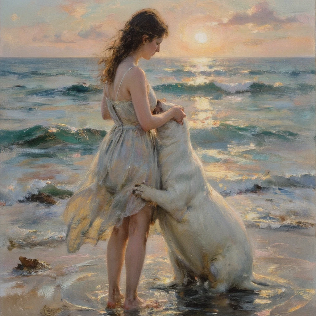 An impressionist-style oil painting capturing the Sabian Symbol for Aries 1 degree: "A woman just risen from the sea. A seal is embracing her." The scene depicts a tender moment between the woman and the seal, set on a serene shoreline at dawn or dusk. The woman, wearing a modest dress that clings to her body due to being wet from the sea, stands with her feet just above the waterline, illuminated by soft, dappled sunlight filtering through the mist. Her hair, damp and flowing, shimmers with the light as she gazes down at the white seal that affectionately embraces her with its smooth, glistening fur. The seal’s presence is gentle, almost protective, as it interacts with the woman, creating a sense of pure, intimate connection. The brushstrokes should be loose and expressive, capturing the movement of the water and the fluidity of the moment, while still giving attention to the textures of the wet dress and the soft fur of the seal. The background features a hazy, impressionistic seascape—faint colors of the sky reflecting off the water in shades of pastel blues, pinks, and soft yellows. The painting should evoke a sense of renewal, purity, and harmony, with vibrant, yet soft colors and a dreamlike atmosphere typical of the impressionist style.

