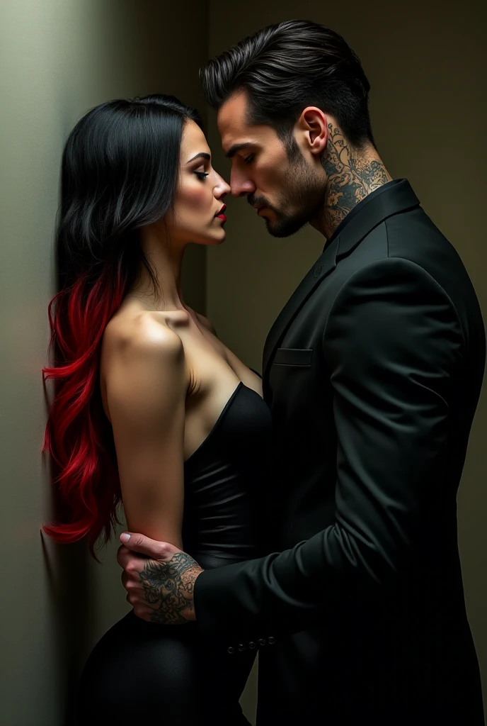 Very handsome hot man personification of the word perfection next to a skinny brunette girl with short hair with red roots and black tips hugging him