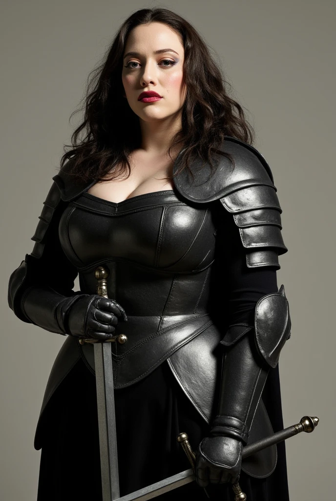 Kat Dennings, blush, lips parted, seductive pose, full body, wearing dark plate armor, cleavage, holding sword, standing, one hand on hip, simple background, daytime