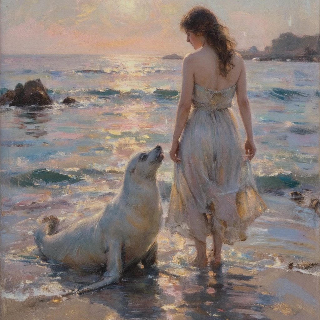 An impressionist-style oil painting capturing the Sabian Symbol for Aries 1 degree: "A woman just risen from the sea. A seal is embracing her." The scene depicts a tender moment between the woman and the seal, set on a serene shoreline at dawn or dusk. The woman, wearing a modest dress that clings to her body due to being wet from the sea, stands with her feet just above the waterline, illuminated by soft, dappled sunlight filtering through the mist. Her hair, damp and flowing, shimmers with the light as she gazes down at the white seal that affectionately embraces her with its smooth, glistening fur. The seal’s presence is gentle, almost protective, as it interacts with the woman, creating a sense of pure, intimate connection. The brushstrokes should be loose and expressive, capturing the movement of the water and the fluidity of the moment, while still giving attention to the textures of the wet dress and the soft fur of the seal. The background features a hazy, impressionistic seascape—faint colors of the sky reflecting off the water in shades of pastel blues, pinks, and soft yellows. The painting should evoke a sense of renewal, purity, and harmony, with vibrant, yet soft colors and a dreamlike atmosphere typical of the impressionist style.

