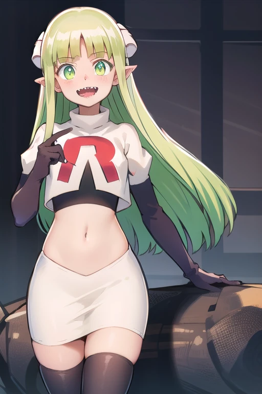 best quality, masterpiece, detailed,
valac clara,
smile, open mouth, sharp teeth,
green hair, long hair, green eyes, horns, pointy ears,
looking at the viewer, team rocket,team rocket uniform,white skirt,red letter R,crop top,black thigh-highs,black elbow gloves