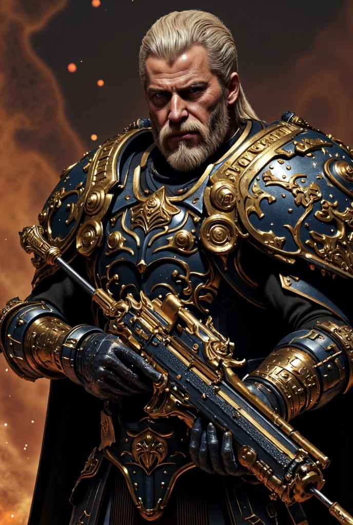 A 50-something male with golden hair with very light platinum highlights, very short on the sides but long on top like a bob. Striking purple eyes and a bold, manly smirk with his lips. He is dressed in a dark grey power armor adorned with gold accents and intricate detailing. The armor covers his entire torso, arms, and shoulders, featuring large, ornate shoulder pads and a detailed breastplate. The armor has a heavy, metallic carbon fiber quality to it. He holds a very thick and large bladed sword-like firearm, ornate and chained like edge detail. The background is a very hazy but detail-revealing impressionistic scene of orange sparks and flames, suggesting a fiery or volcanic environment. The style is hyper-realistic, with high level of detail in the character's armor and face. Focus on expressing a very strong, serious, and powerful male figure. Use rich, deep colors of gray, gold, and orange. Lighting should be dramatic and highlight the textures of the armor. Emphasis on the intricate details and designs of the armor and weapon.