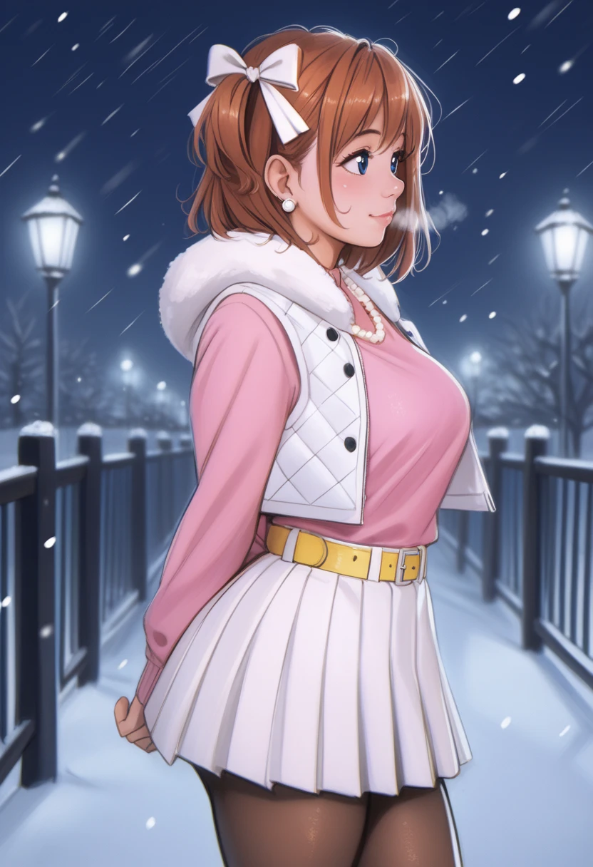 score_9, score_8_up, score_7_up, score_6_up,Shiny skin, kousaka honoka, blue eyes, beautiful, winter clothes, breathing, brown hair, night, snowing, cowboy shot,pink shirt,white open crop vest, arms behind back, Pearl necklace, earrings, white skirt, yellow belt, happy,hair ribbon,p4l0m4, breasts,thighs,web comic,hentai, thighs, closed mouth, pantyhose, from side