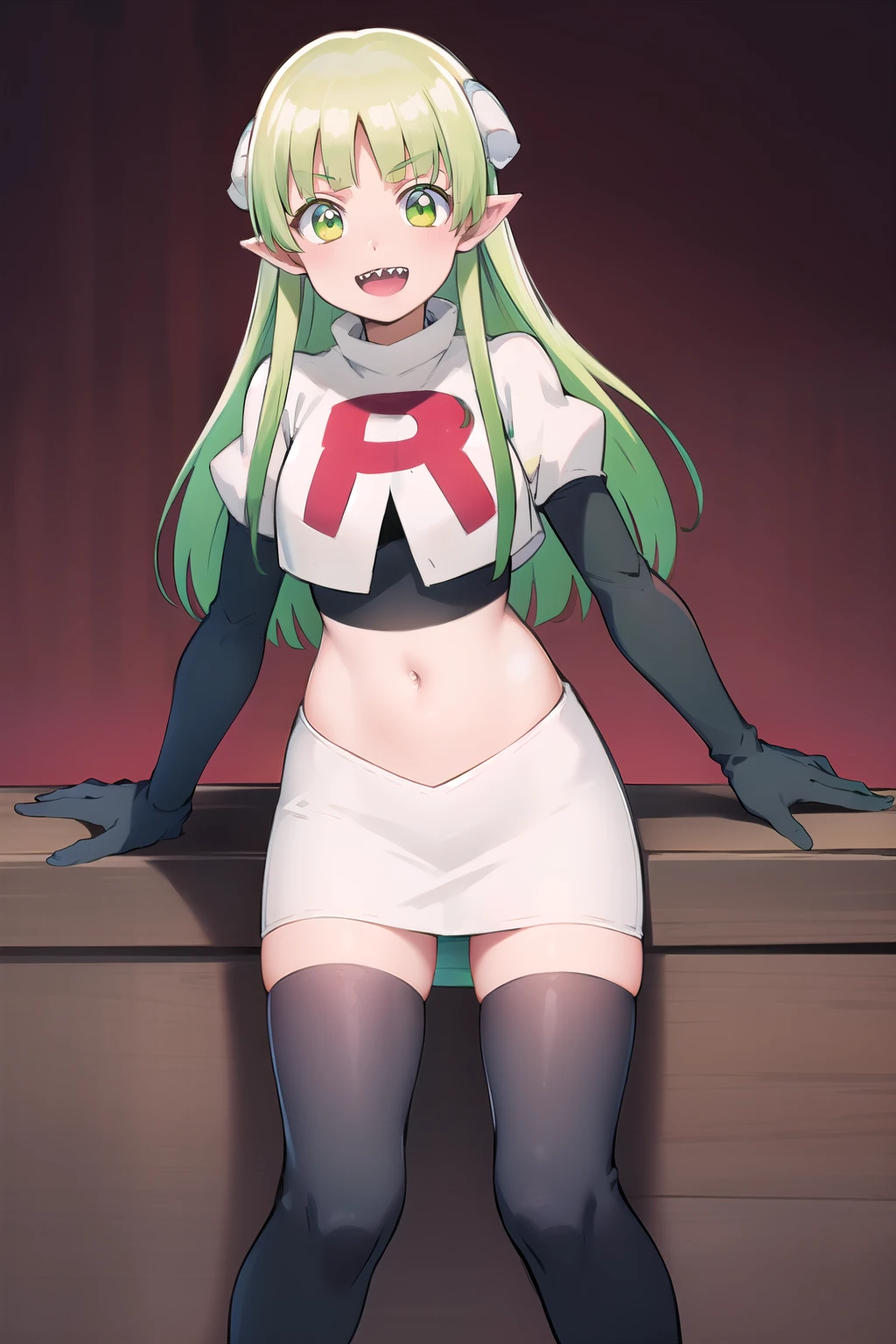 best quality, masterpiece, detailed,
valac clara,
smile, open mouth, sharp teeth,
green hair, long hair, green eyes, horns, pointy ears,
looking at the viewer, team rocket,team rocket uniform,white skirt,red letter R,crop top,black thigh-highs,black elbow gloves