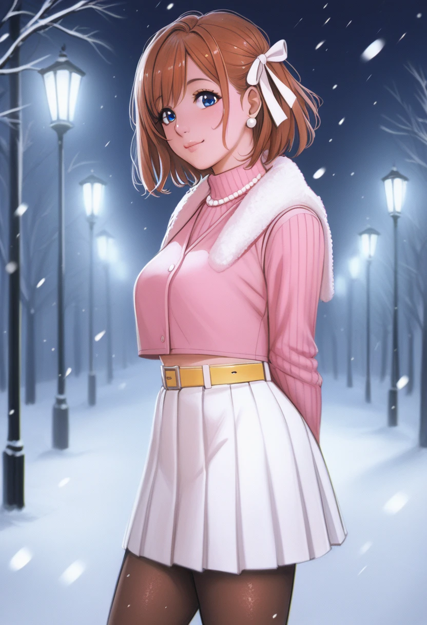 score_9, score_8_up, score_7_up, score_6_up,Shiny skin, kousaka honoka, blue eyes, beautiful, winter clothes, breathing, brown hair, night, snowing, cowboy shot,pink shirt,white open crop vest, arms behind back, Pearl necklace, earrings, white skirt, yellow belt, happy,hair ribbon,p4l0m4, breasts,thighs,web comic,hentai, thighs, closed mouth, pantyhose, from side, looking at viewer