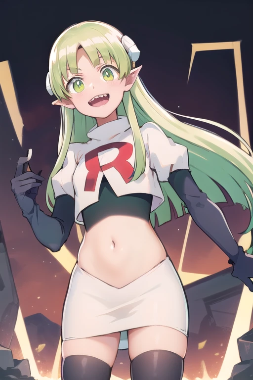 best quality, masterpiece, detailed,
valac clara,
smile, open mouth, sharp teeth,
green hair, long hair, green eyes, horns, pointy ears,
looking at the viewer, team rocket,team rocket uniform,white skirt,red letter R,crop top,black thigh-highs,black elbow gloves