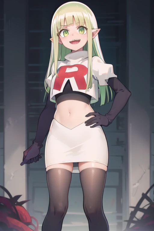 best quality, masterpiece, detailed,
valac clara,
smile, open mouth, sharp teeth,
green hair, long hair, green eyes, horns, pointy ears,
looking at the viewer, team rocket,team rocket uniform,white skirt,red letter R,crop top,black thigh-highs,black elbow gloves