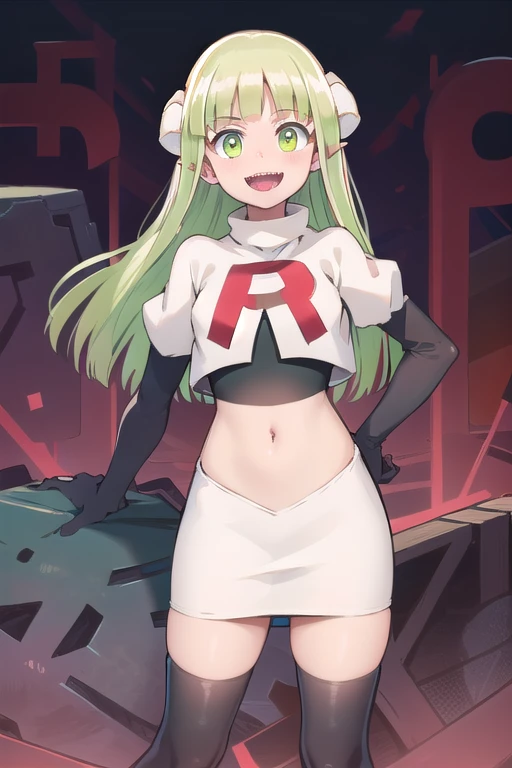 best quality, masterpiece, detailed,
valac clara,
smile, open mouth, sharp teeth,
green hair, long hair, green eyes, horns, pointy ears,
looking at the viewer, team rocket,team rocket uniform,white skirt,red letter R,crop top,black thigh-highs,black elbow gloves