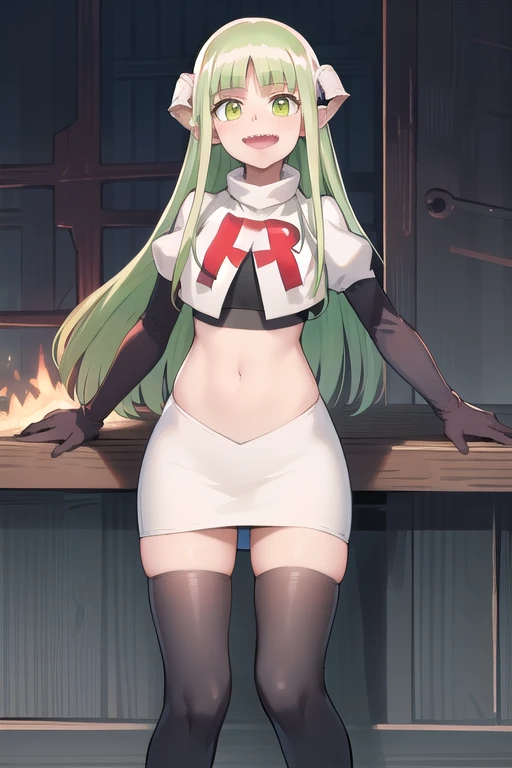 best quality, masterpiece, detailed,
valac clara,
smile, open mouth, sharp teeth,
green hair, long hair, green eyes, horns, pointy ears,
looking at the viewer, team rocket,team rocket uniform,white skirt,red letter R,crop top,black thigh-highs,black elbow gloves