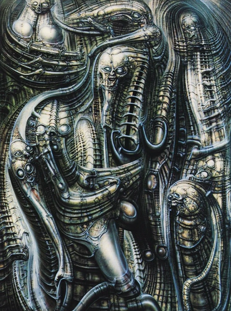 n the chilling, biomechanical style of H.R. Giger, a chubby woman with voluptuous curves emerges from the shadows. Sinewy tendrils intertwine with her skin, merging the organic with the mechanical in a disturbing fusion. The eerie glow of bioluminescent hues illuminates her form, casting stark shadows and enhancing the sense of otherworldly horror. Every detail is rendered with meticulous precision, from the intricate patterns etched into her skin to the grotesque machinery that seems to pulse with a life of its own. Despite her vulnerability, there is a haunting beauty to her form, a strange allure that draws the viewer in even as it repels. This digital artwork pays homage to H.R. Giger's iconic aesthetic, evoking a sense of awe and unease in equal measure. It invites viewers to confront their deepest fears and desires, exploring the boundary between the human and the inhuman, the organic and the artificial. In the world of H.R. Giger, beauty and horror coexist in a balance