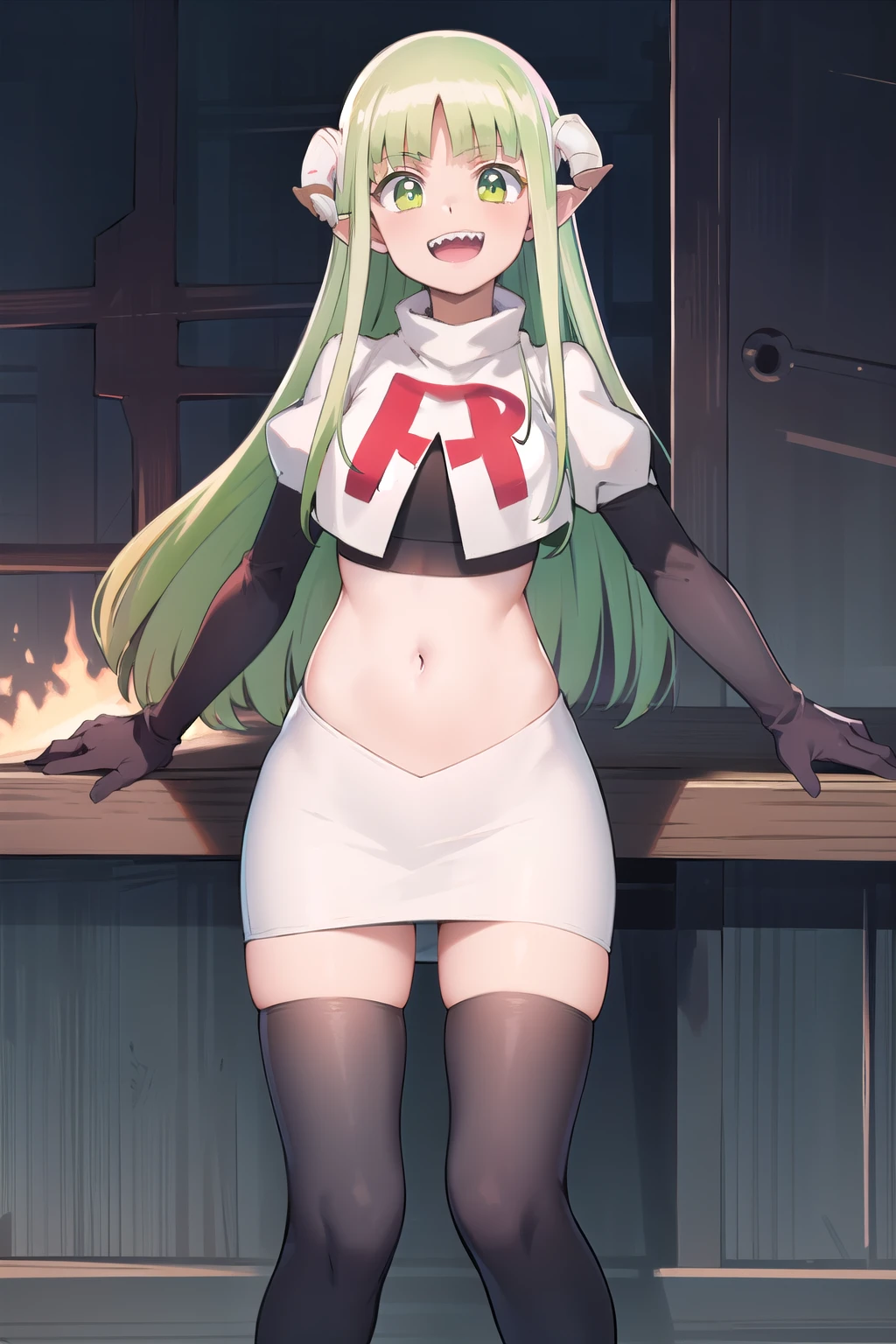 best quality, masterpiece, detailed,
valac clara,
smile, open mouth, sharp teeth,
green hair, long hair, green eyes, horns, pointy ears,
looking at the viewer, team rocket,team rocket uniform,white skirt,red letter R,crop top,black thigh-highs,black elbow gloves