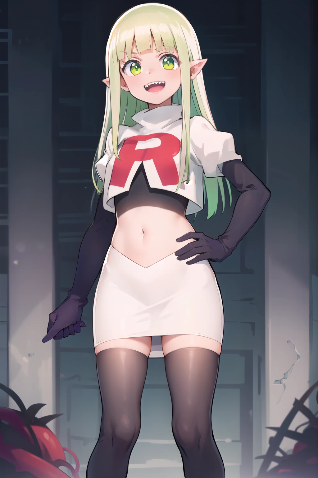 best quality, masterpiece, detailed,
valac clara,
smile, open mouth, sharp teeth,
green hair, long hair, green eyes, horns, pointy ears,
looking at the viewer, team rocket,team rocket uniform,white skirt,red letter R,crop top,black thigh-highs,black elbow gloves