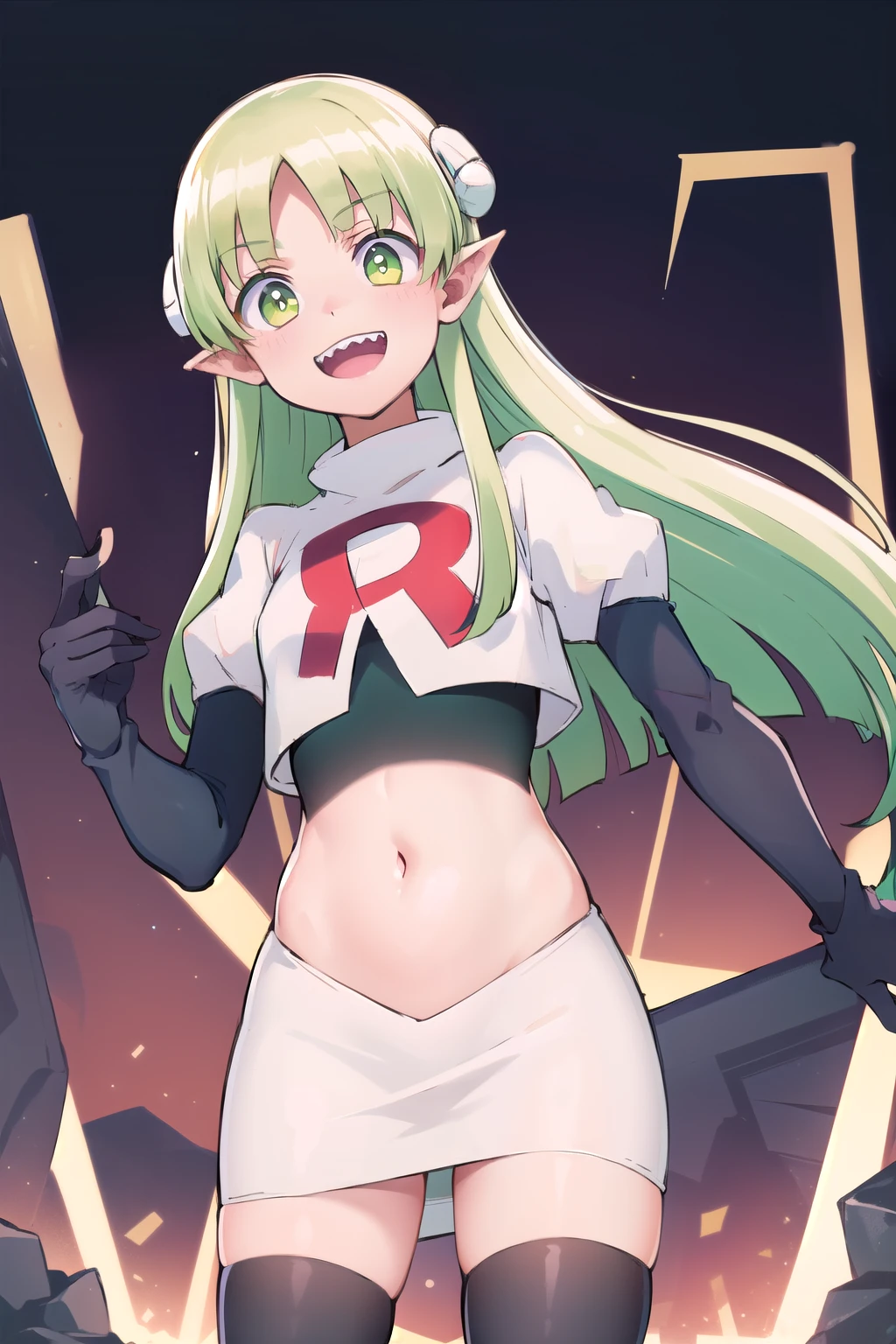 best quality, masterpiece, detailed,
valac clara,
smile, open mouth, sharp teeth,
green hair, long hair, green eyes, horns, pointy ears,
looking at the viewer, team rocket,team rocket uniform,white skirt,red letter R,crop top,black thigh-highs,black elbow gloves