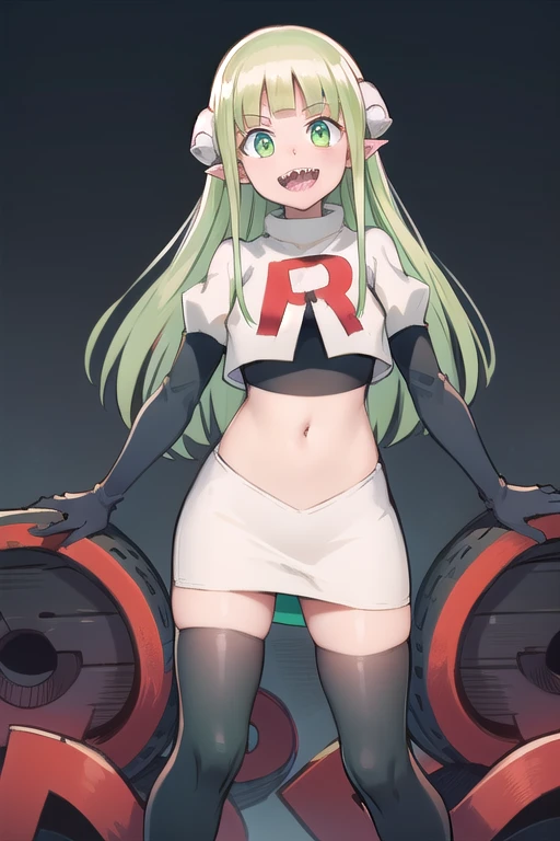 best quality, masterpiece, detailed,
valac clara,
smile, open mouth, sharp teeth,
green hair, long hair, green eyes, horns, pointy ears,
looking at the viewer, team rocket,team rocket uniform,white skirt,red letter R,crop top,black thigh-highs,black elbow gloves