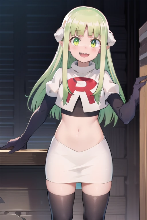 best quality, masterpiece, detailed,
valac clara,
smile, open mouth, sharp teeth,
green hair, long hair, green eyes, horns, pointy ears,
looking at the viewer, team rocket,team rocket uniform,white skirt,red letter R,crop top,black thigh-highs,black elbow gloves