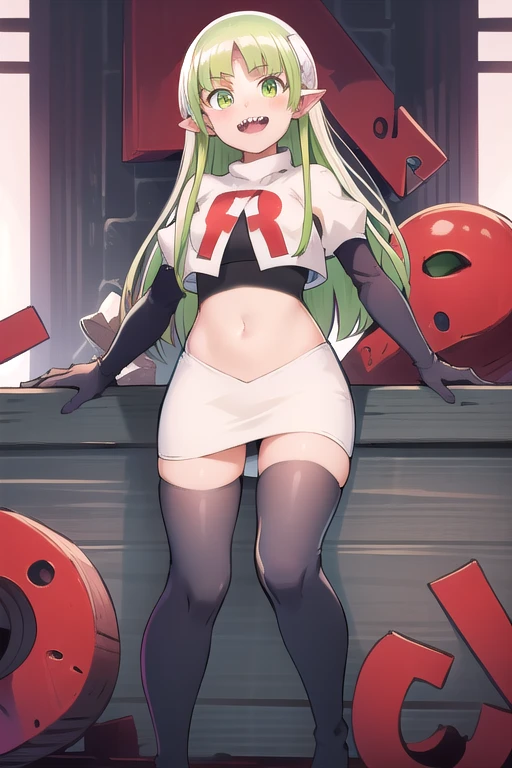 best quality, masterpiece, detailed,
valac clara,
smile, open mouth, sharp teeth,
green hair, long hair, green eyes, horns, pointy ears,
looking at the viewer, team rocket,team rocket uniform,white skirt,red letter R,crop top,black thigh-highs,black elbow gloves