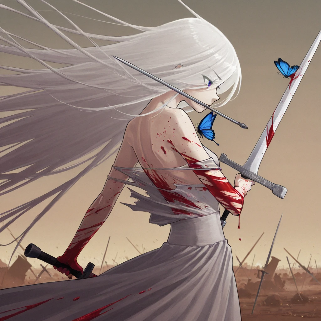 1girl with long white hair, red eyes, with knife in hand, behinde her blood moon, white dress in stockings