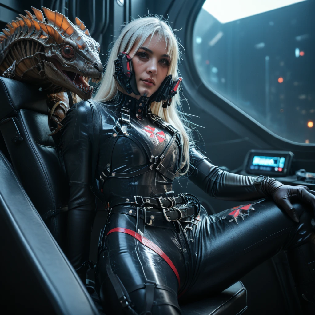 Dark futurism ,  biogenetic cyberpunk , 1 girl, solo,  long hair ,  looks at the viewer,  in a torn jumpsuit ,  sits on his shoulder an organic neuroimplant,  a multi-eyed creature ,  against the background of a surreal view of , high resolution ,  Realistic anatomy ,  high detail ,  Ultra high definition, 