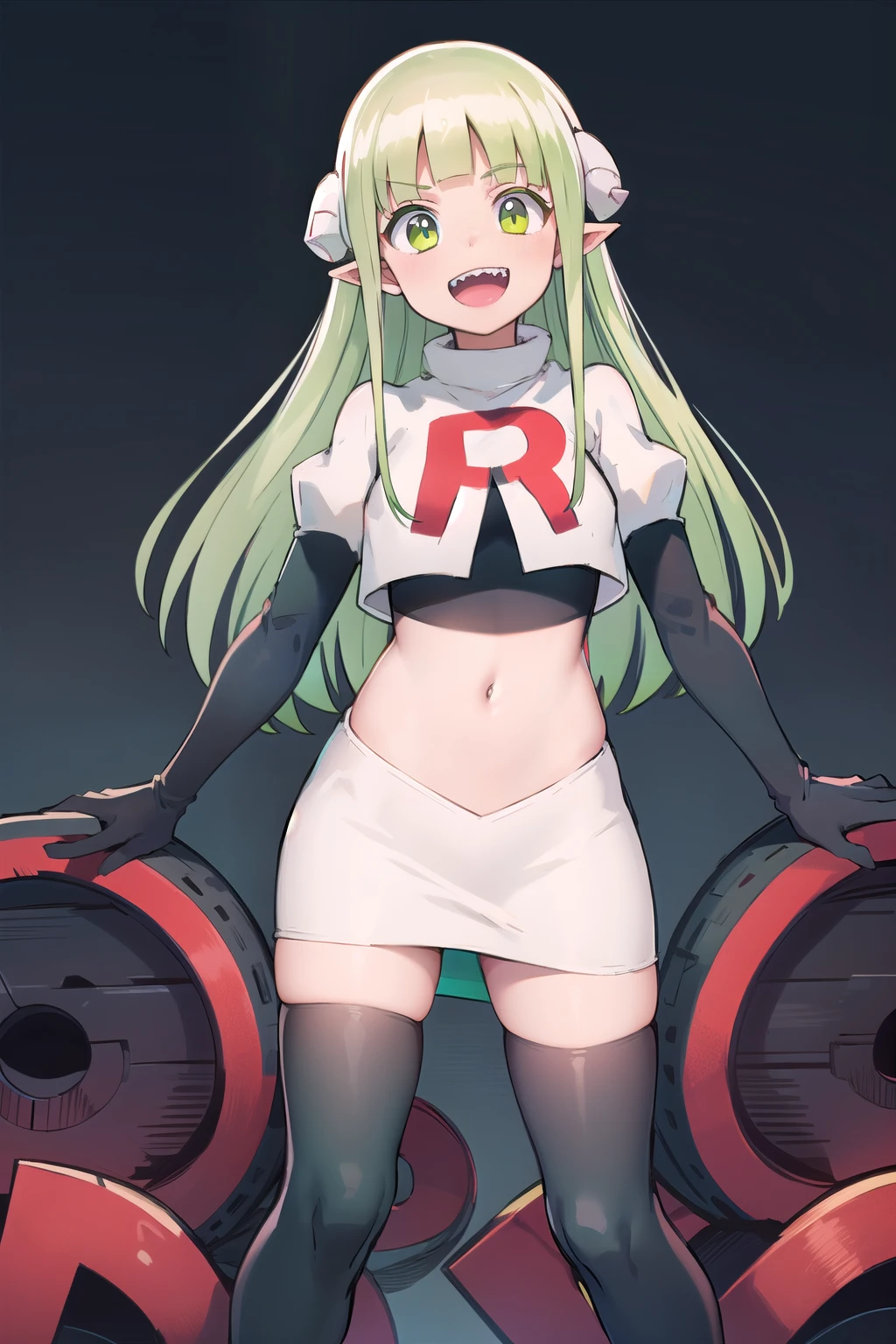 best quality, masterpiece, detailed,
valac clara,
smile, open mouth, sharp teeth,
green hair, long hair, green eyes, horns, pointy ears,
looking at the viewer, team rocket,team rocket uniform,white skirt,red letter R,crop top,black thigh-highs,black elbow gloves