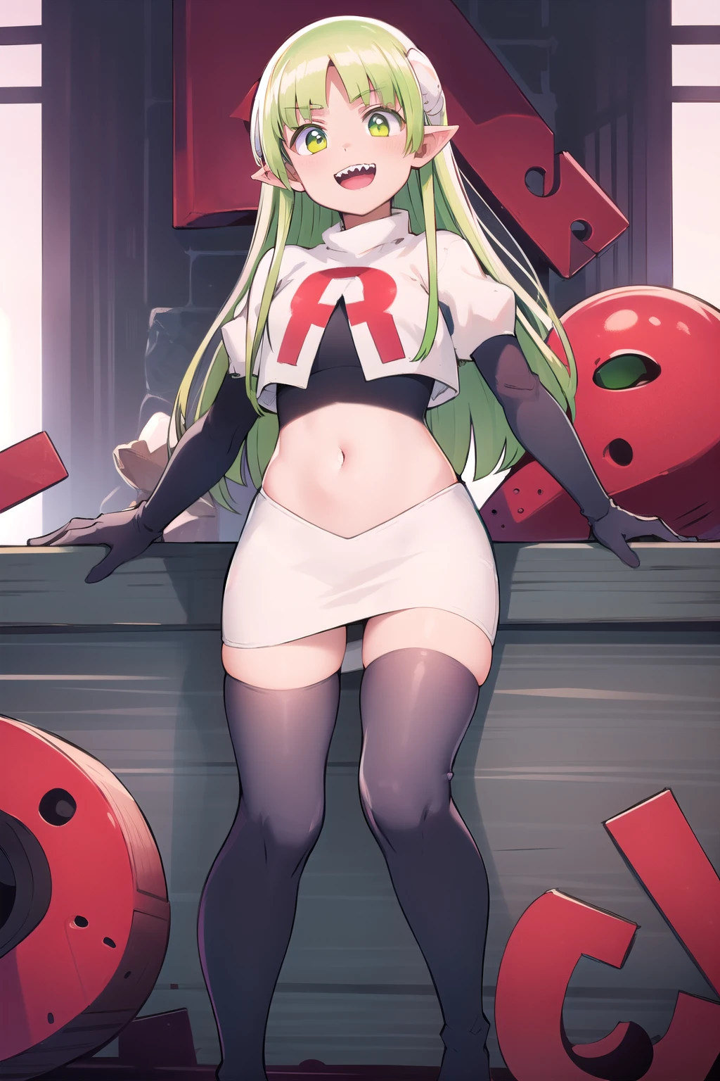 best quality, masterpiece, detailed,
valac clara,
smile, open mouth, sharp teeth,
green hair, long hair, green eyes, horns, pointy ears,
looking at the viewer, team rocket,team rocket uniform,white skirt,red letter R,crop top,black thigh-highs,black elbow gloves