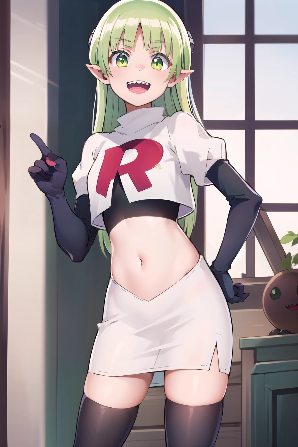 best quality, masterpiece, detailed,
valac clara,
smile, open mouth, sharp teeth,
green hair, long hair, green eyes, horns, pointy ears,
looking at the viewer, team rocket,team rocket uniform,white skirt,red letter R,crop top,black thigh-highs,black elbow gloves