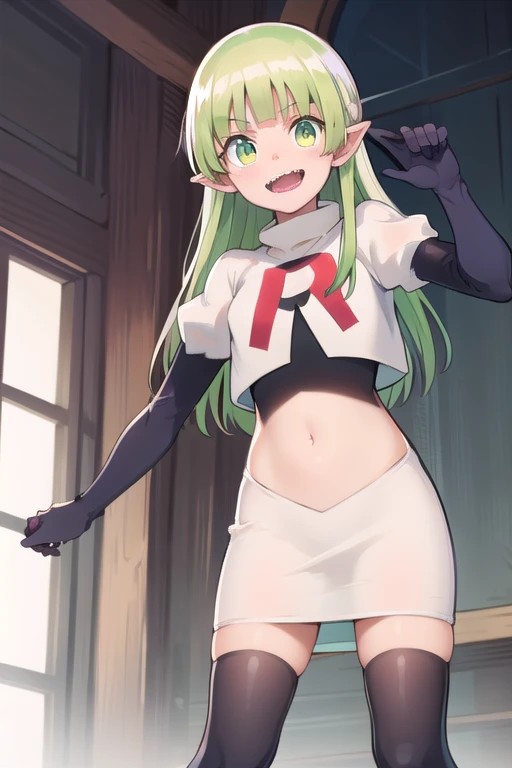 best quality, masterpiece, detailed,
valac clara,
smile, open mouth, sharp teeth,
green hair, long hair, green eyes, horns, pointy ears,
looking at the viewer, team rocket,team rocket uniform,white skirt,red letter R,crop top,black thigh-highs,black elbow gloves