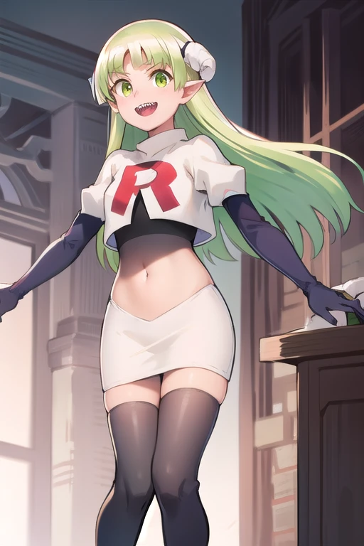 best quality, masterpiece, detailed,
valac clara,
smile, open mouth, sharp teeth,
green hair, long hair, green eyes, horns, pointy ears,
looking at the viewer, team rocket,team rocket uniform,white skirt,red letter R,crop top,black thigh-highs,black elbow gloves