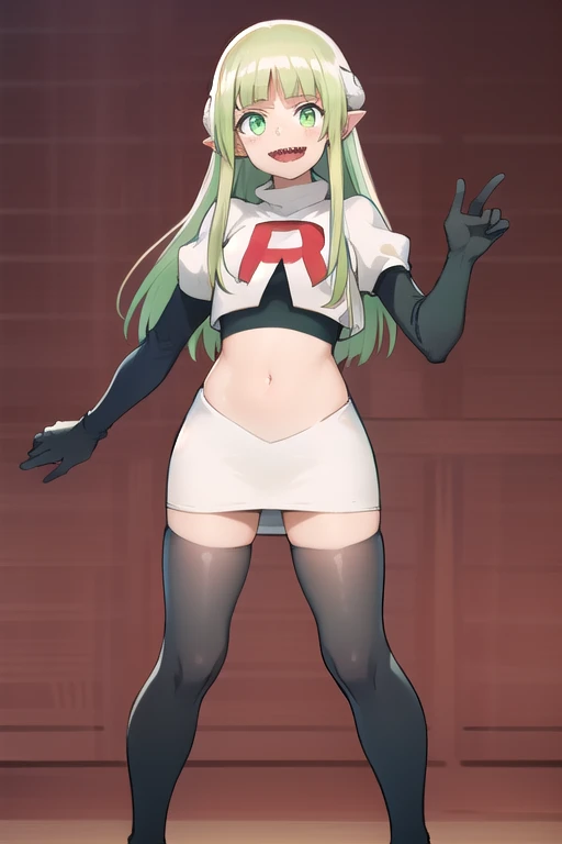 best quality, masterpiece, detailed,
valac clara,
smile, open mouth, sharp teeth,
green hair, long hair, green eyes, horns, pointy ears,
looking at the viewer, team rocket,team rocket uniform,white skirt,red letter R,crop top,black thigh-highs,black elbow gloves