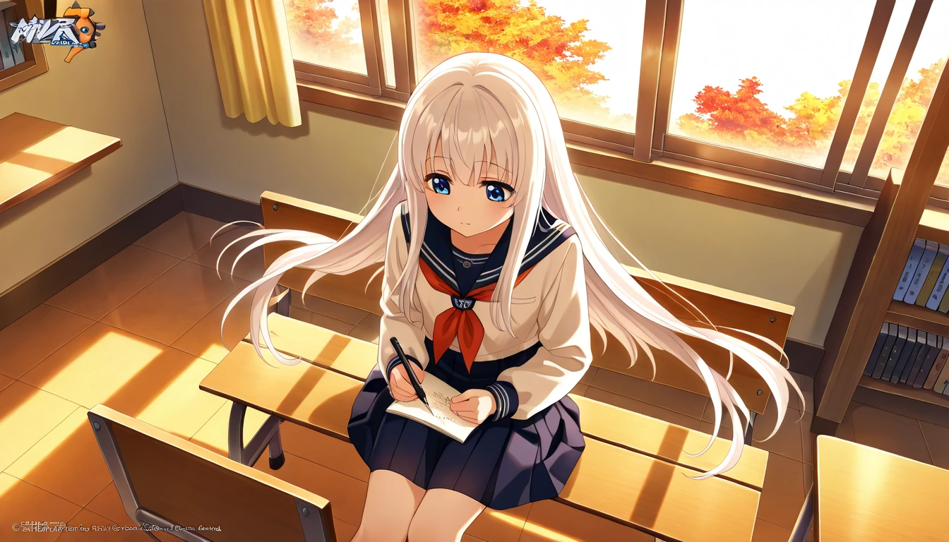 (High quality anime art), (from above, third person perspective), glossy, (Anime girl, white hair, Long hair, Hair flowing in the wind: 0.9, blue eyes, School uniform), (Volumetric lighting, Atmospheric lighting: 1.4, Window, warm lighting), (vibrant color:0.7, Detailed color: 0.9), Autumn day, (sitting on bench, writing on desk, looking down), detailed indoor bedroom, tidy furniture, and bookshelf, absurdness, 4k, retina.