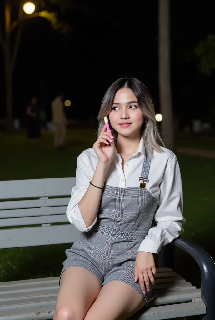 Night time,Dark,  young woman, gray plaid romper, pink brush , 8K, Park, white shirt, wolf hair, Doble layer hair dye, first layer are white, second layer are white, Looking up to see the cherry blossoms, pale solid colour background, cuff, up right pose, static pose, center composition, Sit on the estetic bench,estetic Garden lamp, Flowers, pets, others people,smile