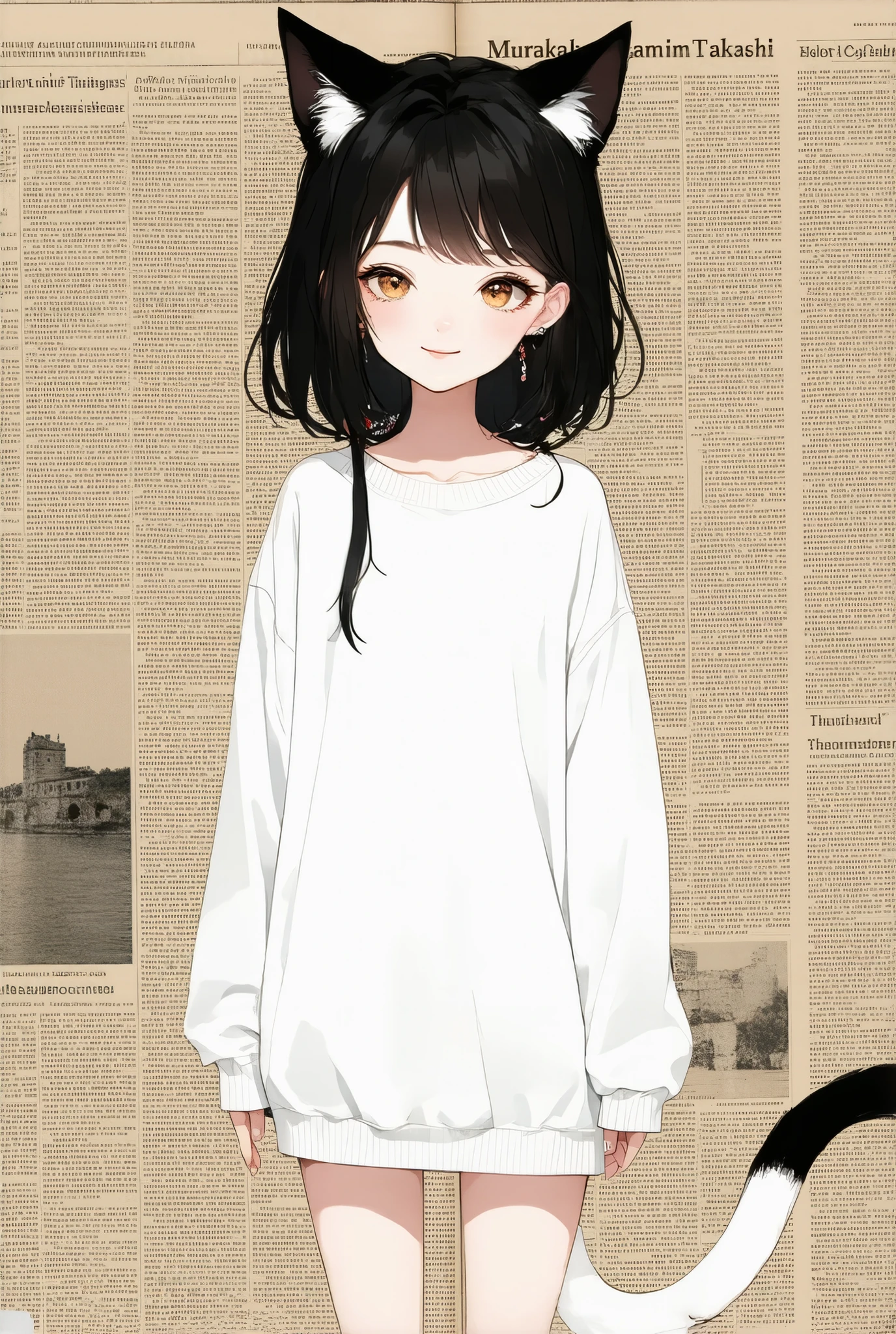 cartoon character design, Full body shot of cute cat-eared girl in flat style, full body, cat ears, solo, extremely detailed CG unity 8k wallpaper, oc, official art, author:Murakami Kagura , Murakami Takashi Art Style, 😃Smile, stile_uniform,Old newspaper tiled background, best quality, masterpiece