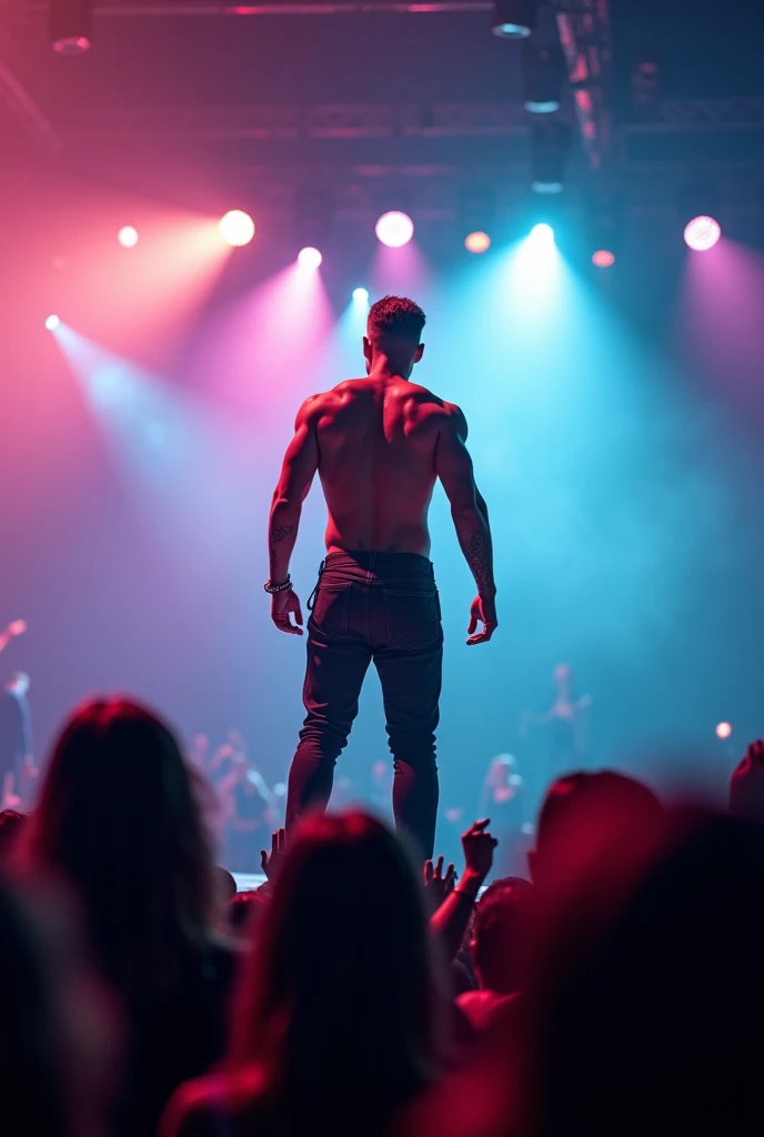 28 year old white man, muscular weighing 90 kilos, shirtless, in shorts, goatee, at a rave party, shorts, holding bottle of mineral water, other people in the background, lights, stage, wearing oakley juliet glasses, looking directly at the camera, image on the side. realistic, ultra hd, 8k]