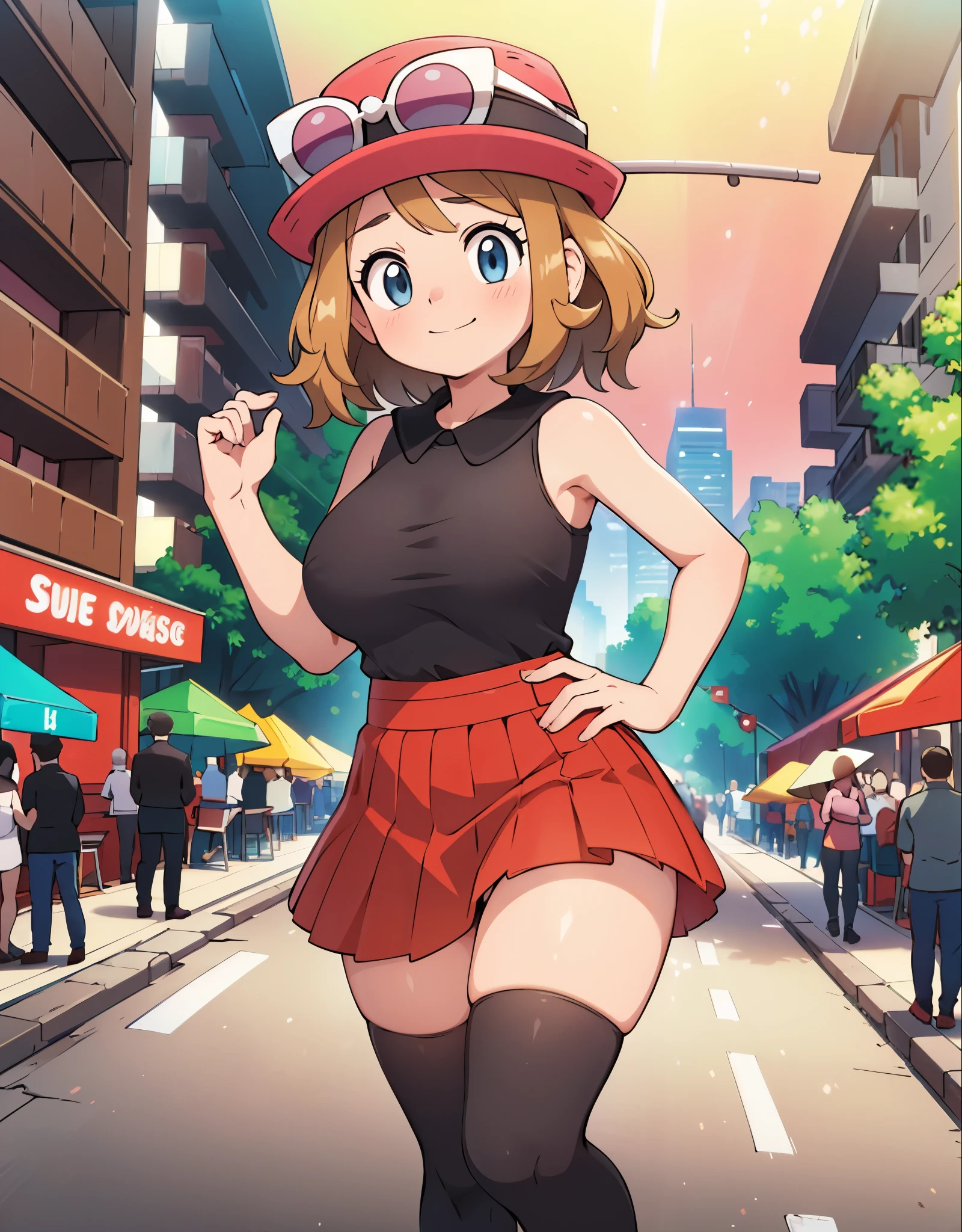 (best quality,4k,8k,highres,masterpiece:1.2), ultra-detailed, realistic:1.37, HDR, studio lighting, vivid colors, bokeh, baking, sketches, full body, eyewear on head, hat, skirt, sunglasses, shirt, black shirt, sleeveless, red skirt, pink hat, black thighhighs, white panties, detailed eyes, innocent gaze, nervous, fearful, embarrassed, nervous smile, visible thighs, thick thighs, thighs in the foreground, walking, alley, flash boobs, watched by a crowd of men, they observe her body, looking_at_viewer, she tries to hide her thighs with her hands