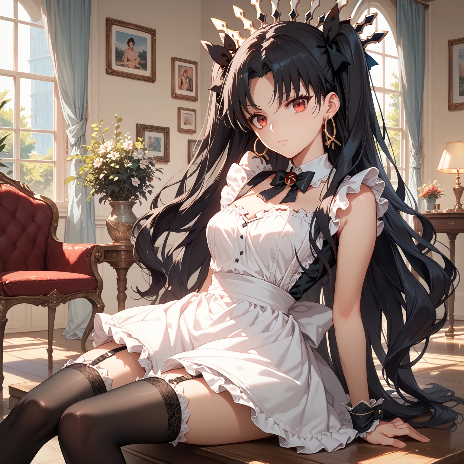 ishtar, red eyes, black hair, long hair, two side up, parted bangs, black ribbon, hair ribbon, tiara, hoop earrings, Maid cosplay, maid thighhighs, Sit, Room, Displeased face, Beautiful view, good atmosphere