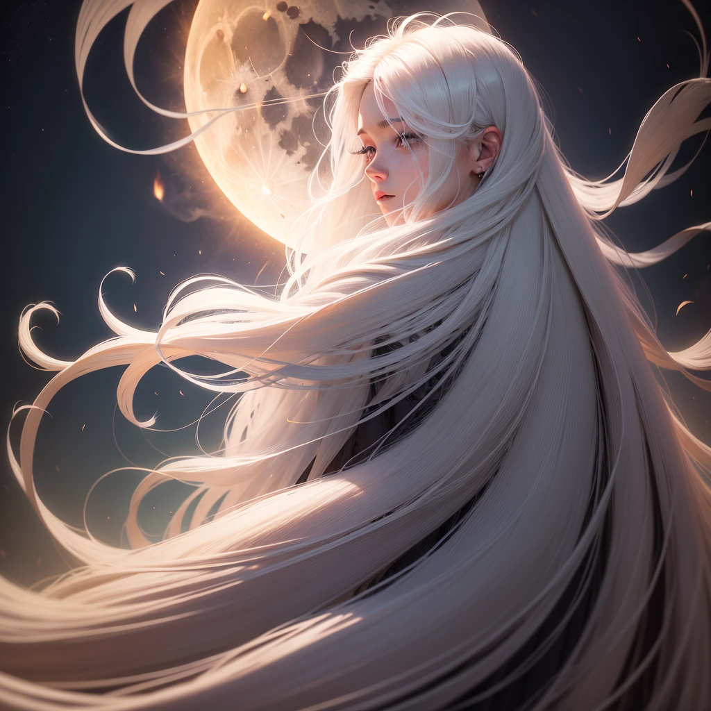 A Proverbs 31 woman, her face illuminated by the light of a full moon, her hair cascading down her back in waves, fire in background, white hair, Long Hair, Solo, High Resolution, 1girl, Very Long Hair, 